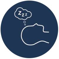 Icon für Schlafprobleme vorbeugen, ein blauer , runder Kreis mit dem Icon von einem Kopf und einer Wolke mit ZZZ.